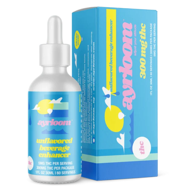 A small bottle of Ayrloom Unflavored Beverage Enhancer tincture with a dropper, featuring a clean, minimalist branding and a green label.
