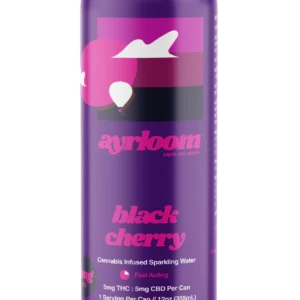 A can of Black Cherry 5mg Cannabis Infused Sparkling Water with a clean, modern label featuring a black cherry illustration.