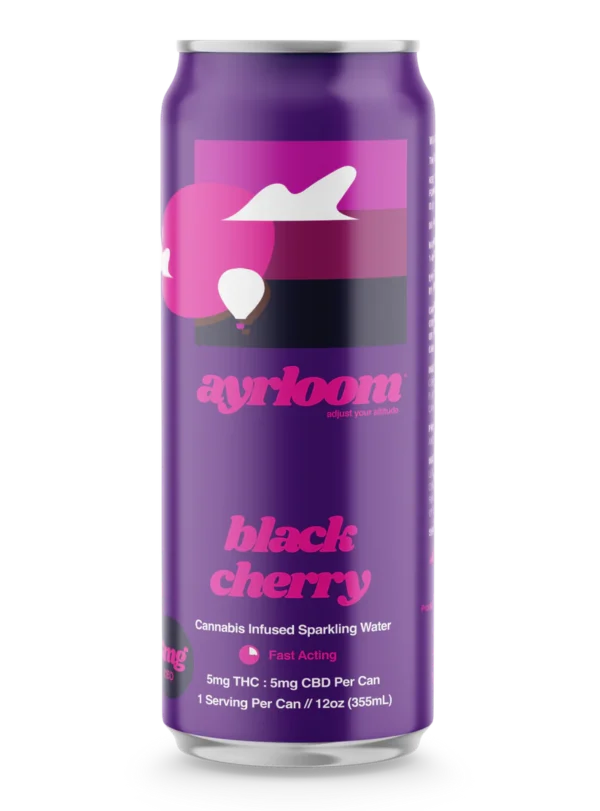 A can of Black Cherry 5mg Cannabis Infused Sparkling Water with a clean, modern label featuring a black cherry illustration.