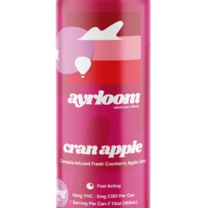 A can of Ayrloom Cran Apple Cannabis Infused Fresh Cranberry Apple Cider with a clean, rustic label featuring an apple and cranberry illustration.