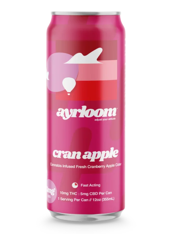 A can of Ayrloom Cran Apple Cannabis Infused Fresh Cranberry Apple Cider with a clean, rustic label featuring an apple and cranberry illustration.