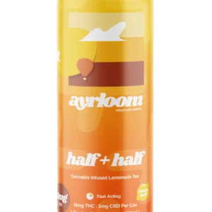 A can of Half + Half Cannabis Infused Lemonade Tea with a clean, rustic label featuring a blend of yellow and black for the lemonade and tea.