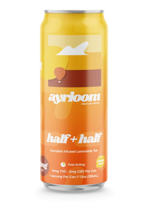 A can of Half + Half Cannabis Infused Lemonade Tea with a clean, rustic label featuring a blend of yellow and black for the lemonade and tea.