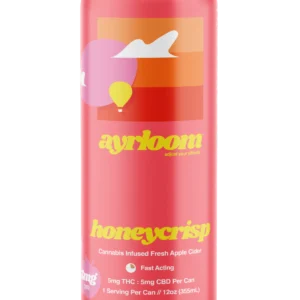 A can of Ayrloom Honeycrisp Cannabis Infused Fresh Apple Cider with a clean, rustic label featuring an apple illustration.