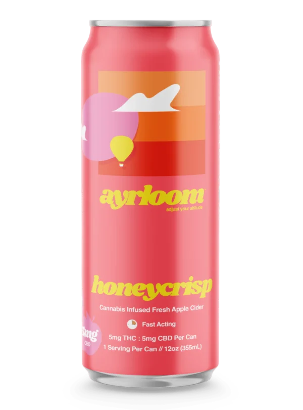 A can of Ayrloom Honeycrisp Cannabis Infused Fresh Apple Cider with a clean, rustic label featuring an apple illustration.