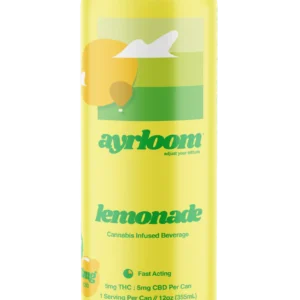 A can of Lemonade Cannabis Infused Beverage with a clean, rustic label featuring a bright yellow and a lemon illustration. Lemonade thc drink