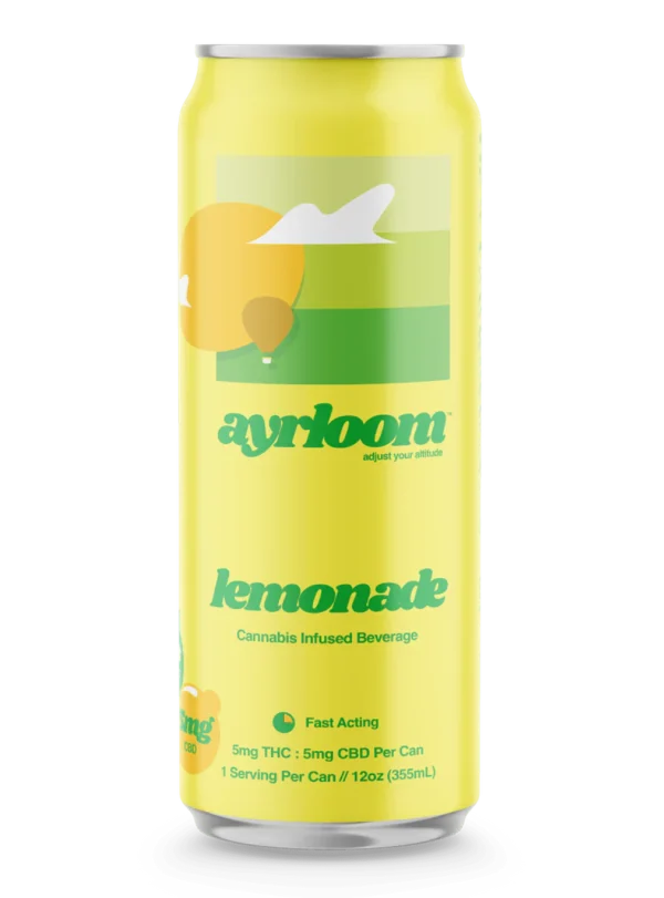 A can of Lemonade Cannabis Infused Beverage with a clean, rustic label featuring a bright yellow and a lemon illustration. Lemonade thc drink