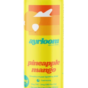A can of Pineapple Mango 5mg Cannabis Infused Sparkling Water with a clean, modern label featuring pineapple and mango illustrations.
