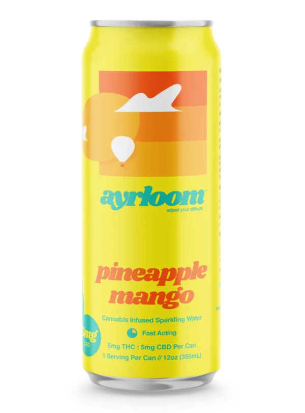 A can of Pineapple Mango 5mg Cannabis Infused Sparkling Water with a clean, modern label featuring pineapple and mango illustrations.