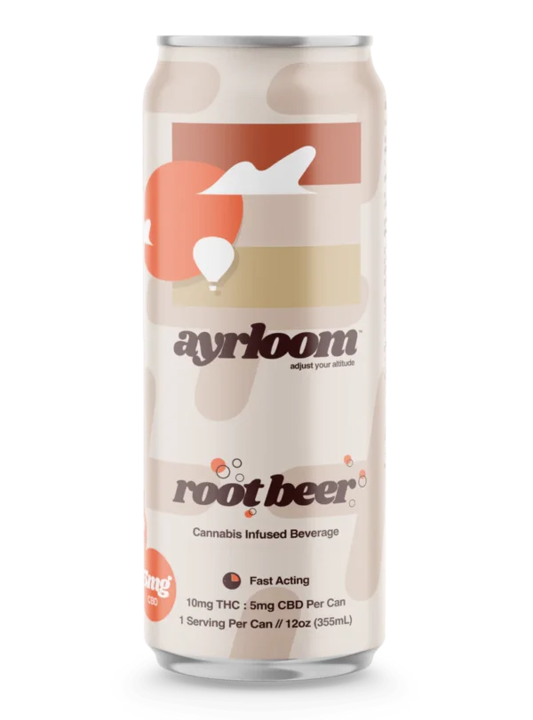 A can of Root Beer 10mg Cannabis Infused Beverage with a clean, rustic label featuring a classic root beer color palette.