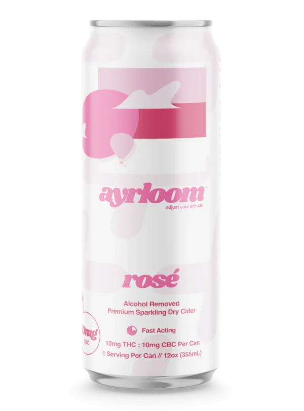 A can of Rosé 10mg Alcohol Removed Sparkling Dry Cider with a clean, elegant label featuring a blush pink color.