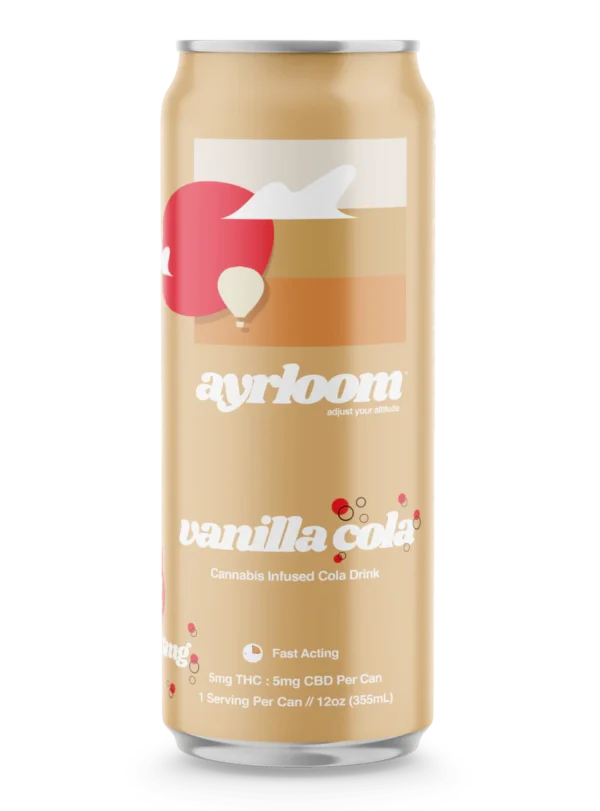 A can of Vanilla Cola 5mg Cannabis Infused Cola Drink with a clean, rustic label featuring a classic cola color scheme.