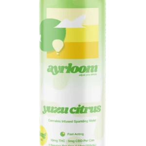 A can of Soleil Yuzu Citrus Cannabis Infused Sparkling Water with a clean, vibrant label featuring a lemon and lime illustration.