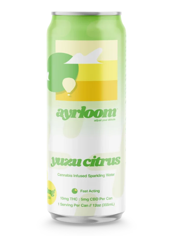 A can of Soleil Yuzu Citrus Cannabis Infused Sparkling Water with a clean, vibrant label featuring a lemon and lime illustration.