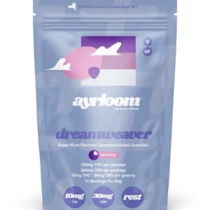 A container of Ayrloom Dreamweaver 10mg cannabis infused gummies with dark, nighttime-themed branding, featuring a subtle moon and stars icon.