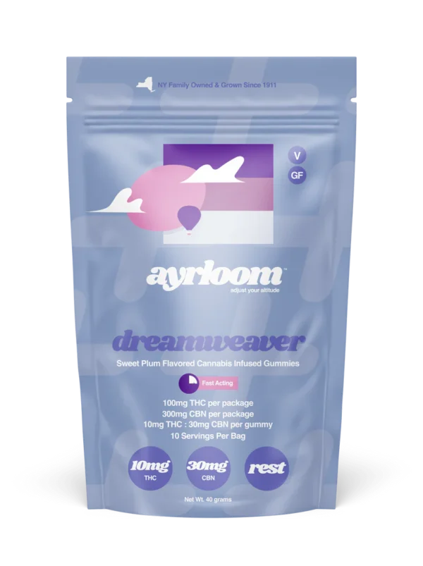 A container of Ayrloom Dreamweaver 10mg cannabis infused gummies with dark, nighttime-themed branding, featuring a subtle moon and stars icon.