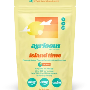 A container of Ayrloom Island Time 5mg cannabis infused gummies with bright, tropical-themed branding featuring pineapples, mangoes, and a sun icon.