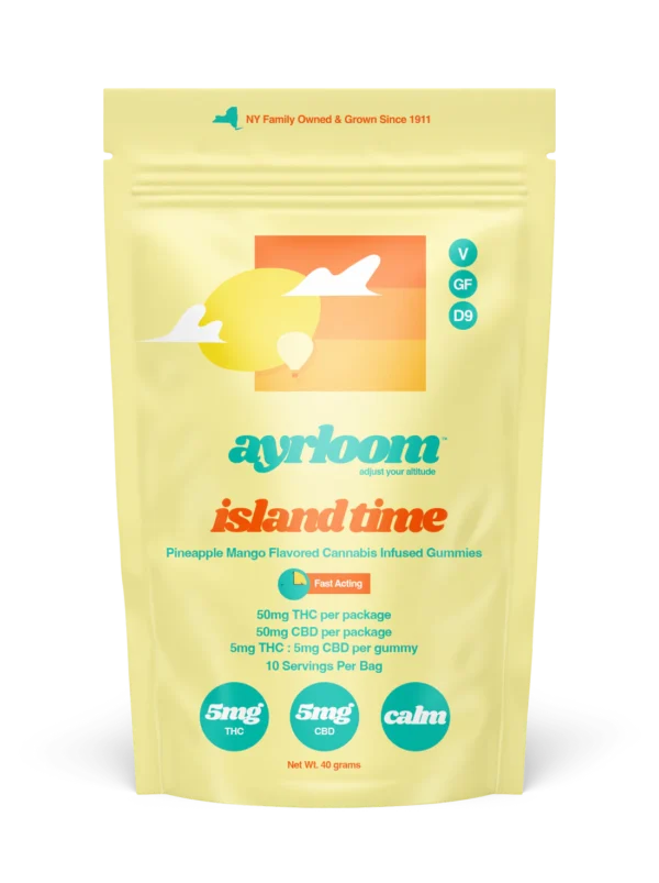 A container of Ayrloom Island Time 5mg cannabis infused gummies with bright, tropical-themed branding featuring pineapples, mangoes, and a sun icon.