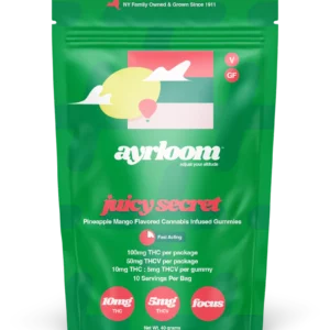 A container of Juicy Secret 10mg cannabis infused gummies with vibrant green and red branding, featuring a subtle watermelon slice icon.