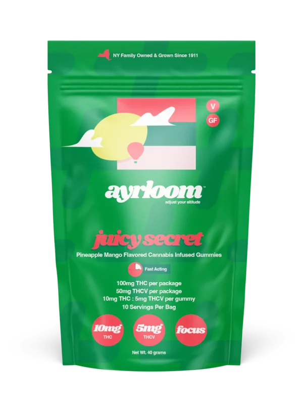 A container of Juicy Secret 10mg cannabis infused gummies with vibrant green and red branding, featuring a subtle watermelon slice icon.
