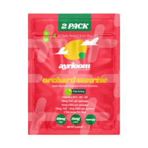 A container of Ayrloom Orchard Sunrise 5mg cannabis infused gummies with bright, fresh, apple-themed branding and a sun icon.