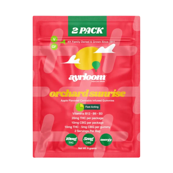 A container of Ayrloom Orchard Sunrise 5mg cannabis infused gummies with bright, fresh, apple-themed branding and a sun icon.
