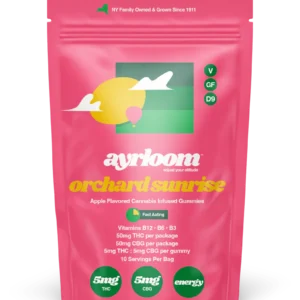 A container of Ayrloom Orchard Sunrise 5mg cannabis infused gummies with bright, fresh, apple-themed branding and a sun icon.