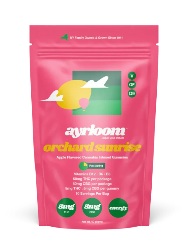 A container of Ayrloom Orchard Sunrise 5mg cannabis infused gummies with bright, fresh, apple-themed branding and a sun icon.