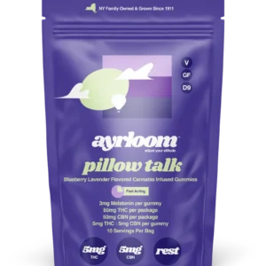 A container of Pillow Talk 5mg cannabis infused gummies with calming purple and blue branding, featuring stars and a moon icon to suggest a restful night.