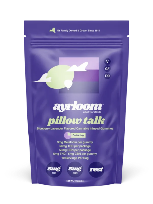 A container of Pillow Talk 5mg cannabis infused gummies with calming purple and blue branding, featuring stars and a moon icon to suggest a restful night.
