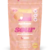 A container of Sour Peach Hibiscus 10mg cannabis infused gummies with vibrant peach and floral-themed branding.
