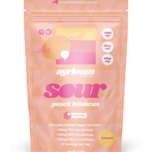 A container of Sour Peach Hibiscus 10mg cannabis infused gummies with vibrant peach and floral-themed branding.