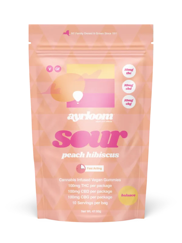 A container of Sour Peach Hibiscus 10mg cannabis infused gummies with vibrant peach and floral-themed branding.