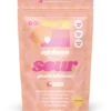 A container of Sour Peach Hibiscus 10mg cannabis infused gummies with vibrant peach and floral-themed branding.
