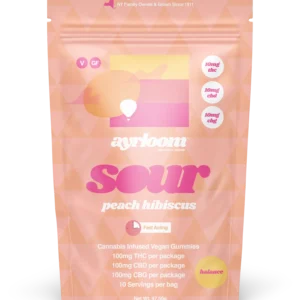 A container of Sour Peach Hibiscus 10mg cannabis infused gummies with vibrant peach and floral-themed branding.