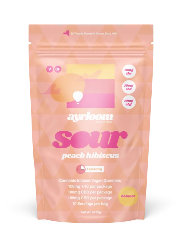 A container of Sour Peach Hibiscus 10mg cannabis infused gummies with vibrant peach and floral-themed branding.