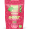 A container of Sour Strawberry Kiwi 10mg cannabis infused gummies with vibrant red and green branding, featuring a subtle strawberry and kiwi slice icon.