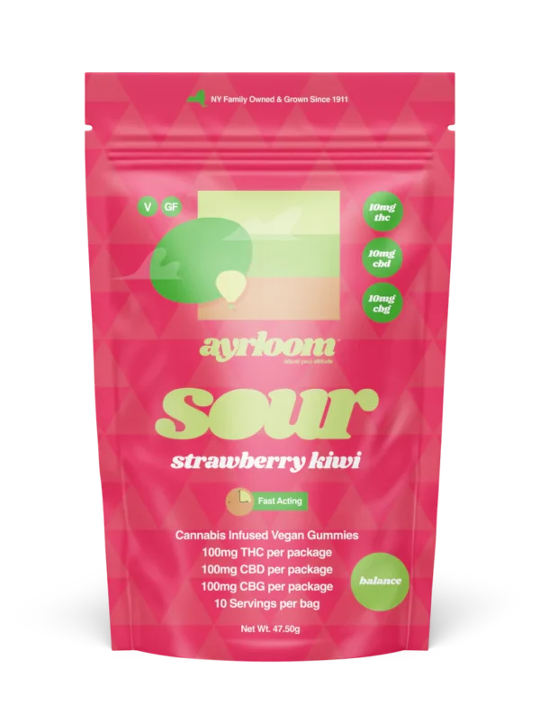 A container of Sour Strawberry Kiwi 10mg cannabis infused gummies with vibrant red and green branding, featuring a subtle strawberry and kiwi slice icon.