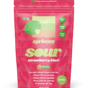 A container of Sour Strawberry Kiwi 10mg cannabis infused gummies with vibrant red and green branding, featuring a subtle strawberry and kiwi slice icon.