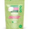 A container of Sour Watermelon 10mg cannabis infused gummies with vibrant green and pink branding, featuring a subtle watermelon slice and a sour flavor text.