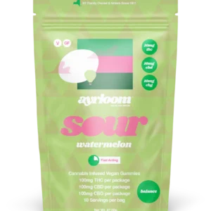 A container of Sour Watermelon 10mg cannabis infused gummies with vibrant green and pink branding, featuring a subtle watermelon slice and a sour flavor text.