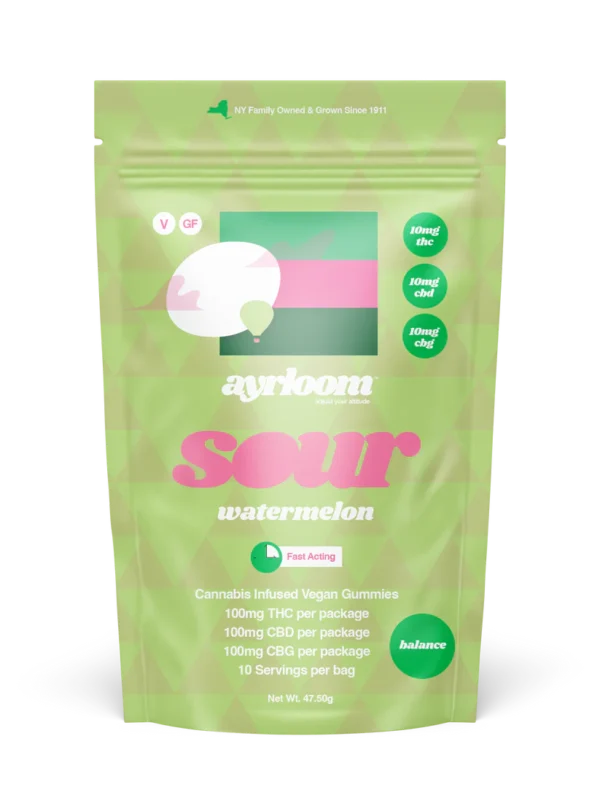 A container of Sour Watermelon 10mg cannabis infused gummies with vibrant green and pink branding, featuring a subtle watermelon slice and a sour flavor text.