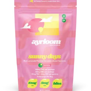 A container of Sunny Days cannabis infused gummies with bright, sun-themed branding and colors suggesting a pink lemonade flavor.