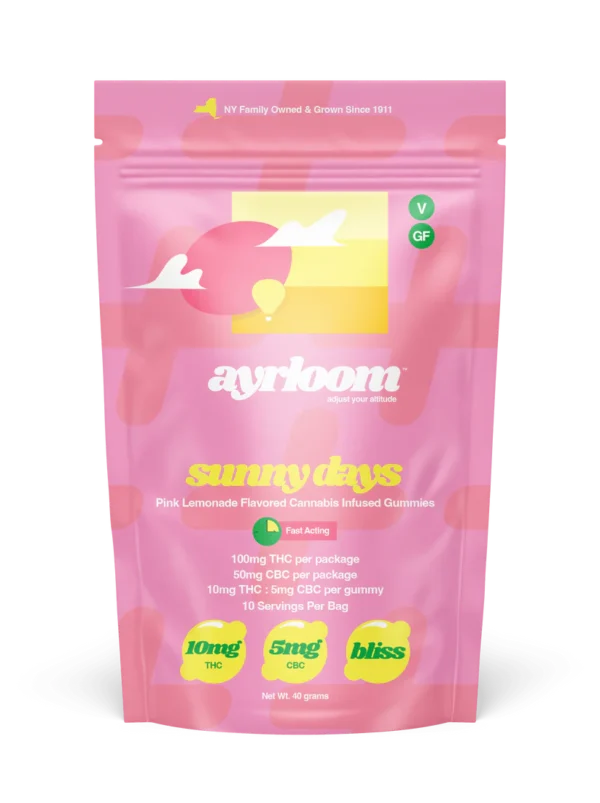A container of Sunny Days cannabis infused gummies with bright, sun-themed branding and colors suggesting a pink lemonade flavor.