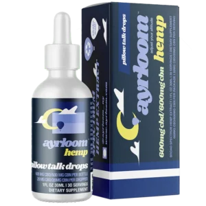 A small bottle of Organic CBD & CBN Pillow Talk oil with a dropper, featuring a clean, rustic label and a nighttime theme.