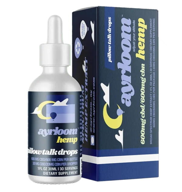 A small bottle of Organic CBD & CBN Pillow Talk oil with a dropper, featuring a clean, rustic label and a nighttime theme.