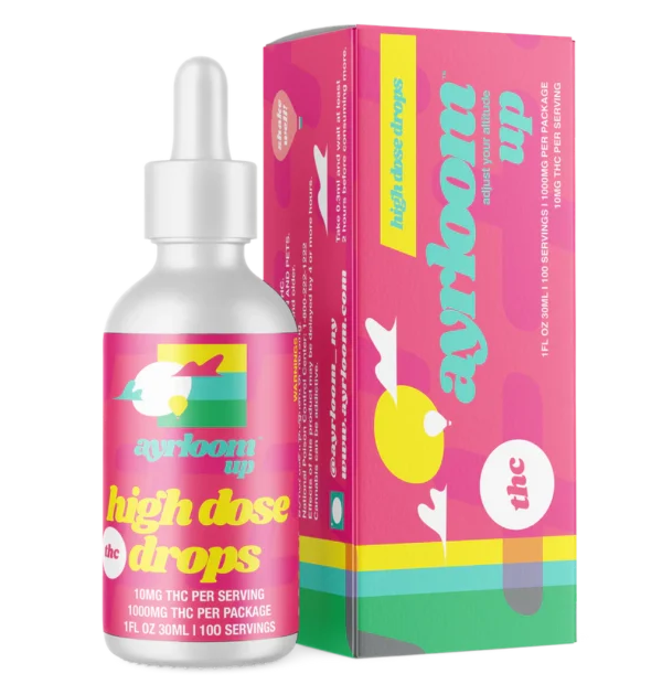 A bottle of Ayrloom High Dose Tincture with a dropper, featuring a clean, minimalist branding and a green label.