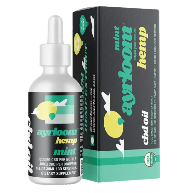 A small bottle of Organic Mint CBD Oil with a dropper, featuring a clean, rustic label and a green-themed design.
