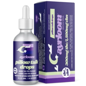 A bottle of Ayrloom Pillow Talk tincture with a dropper, featuring calm, nighttime-themed branding and colors.