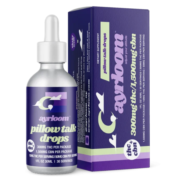 A bottle of Ayrloom Pillow Talk tincture with a dropper, featuring calm, nighttime-themed branding and colors.